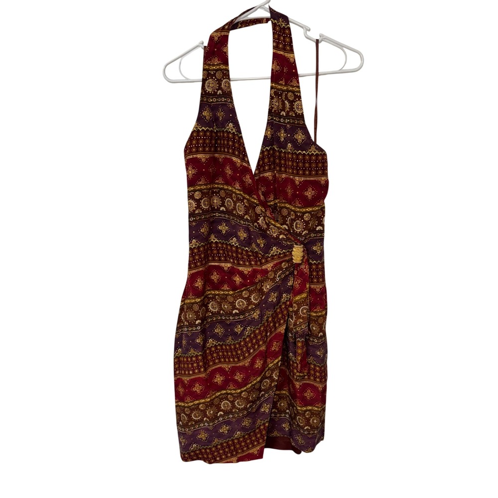 90s‎ Jones New York 100% Silk Halter Wrap Dress Burgundy Gold Size 8 Boho Witchy